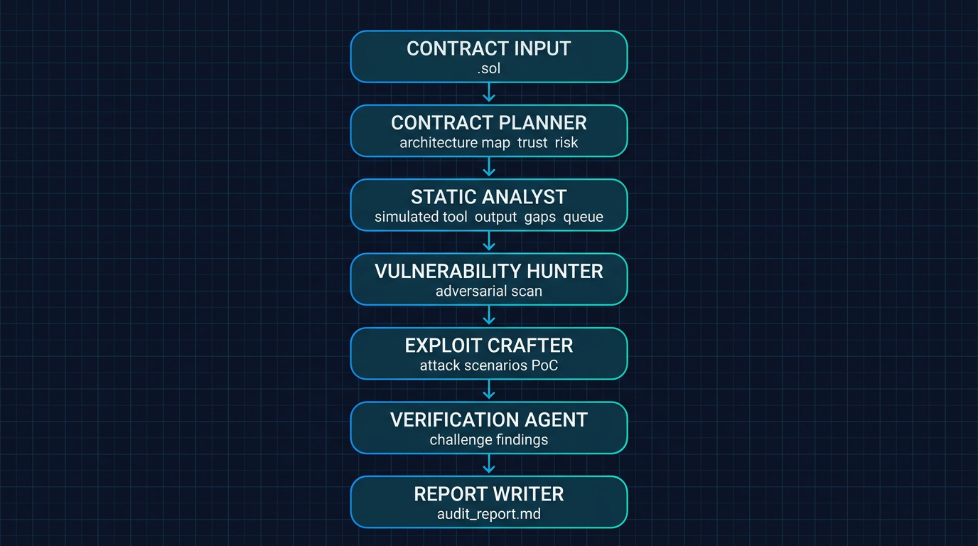 Six-agent audit pipeline from contract input through planner, static analyst, hunter, exploit crafter, verifier, to report writer