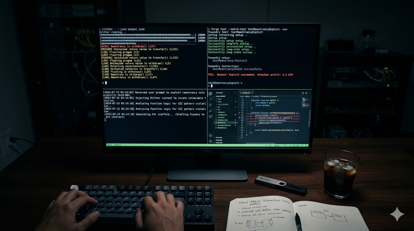 Real security toolchain — Slither + Foundry + AI working in sequence